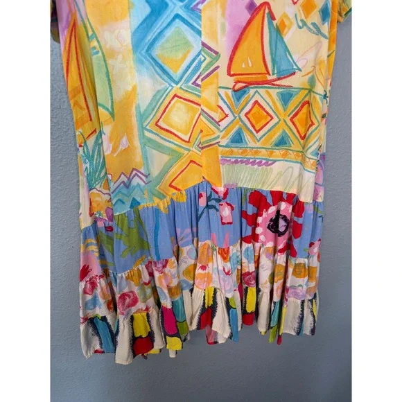 Vintage Jams World Hattie Sailboat Geometric Floral Dropwaist Dress Mini Medium - Picture 7 of 8